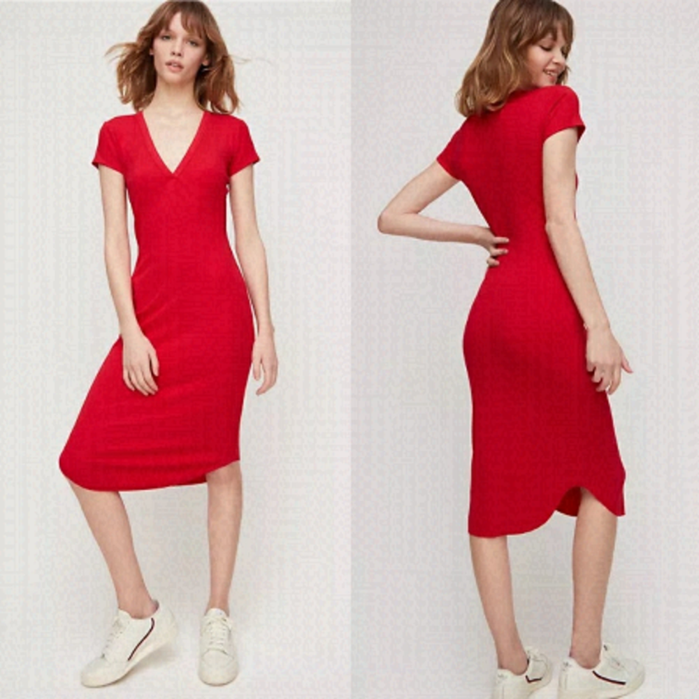 Aritzia Wilfred Free Corin Dress Red Size‎ XXS Short Sleeves V-Neck Midi Modal